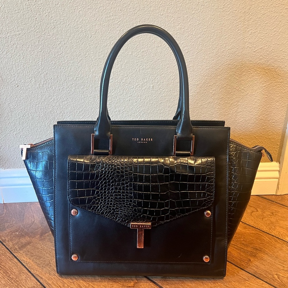 Ted Baker Black Satchel Tote Bag with Croc-Embossed Texture